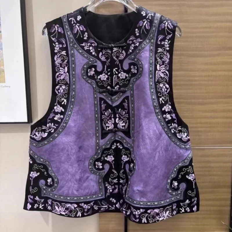 Women's Chinese Style Sleeveless Vest Purple Black Embroidery Frog Button Traditional Casual Waistcoat