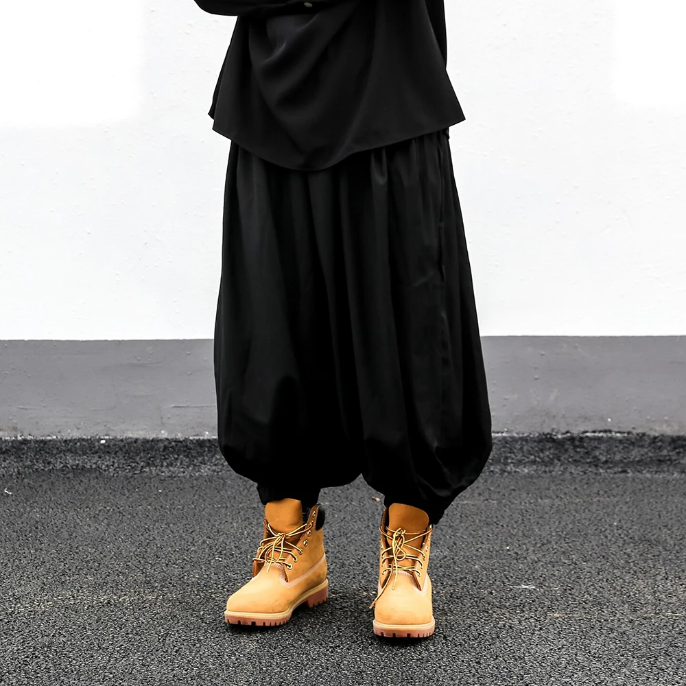 Mens Dark Plain Casual Low-Cross Lantern Pants Streetwear Fashion Youth Outdoor Trend Japanese Wide-Leg Pants Men'S Clothing New