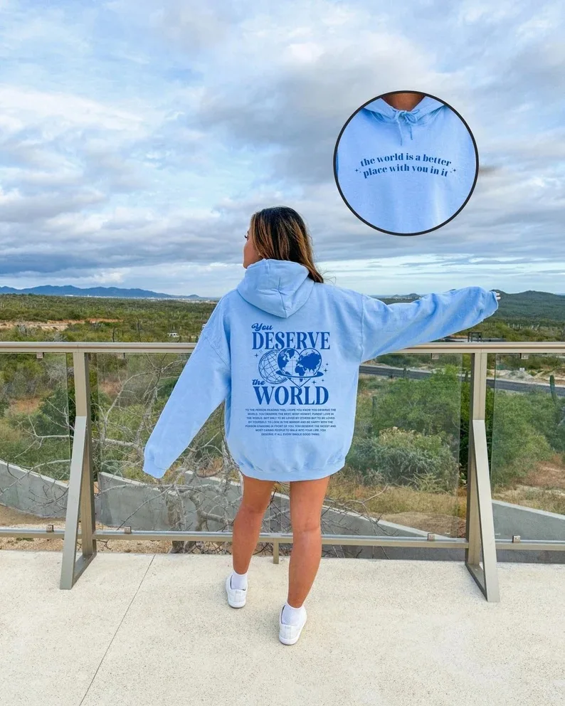 DESERVE WORLD Velvet hoodie plain English letter slogan print kangaroo pocket drawstring print hoodie