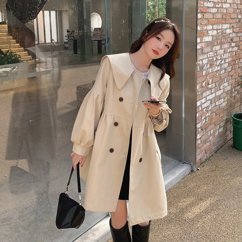 

Women's Lantern Sleeve Trench Coat 2025 Spring Autumn Japanese Style Baby Collar Slim Fit Unique Design Casual Outerwear