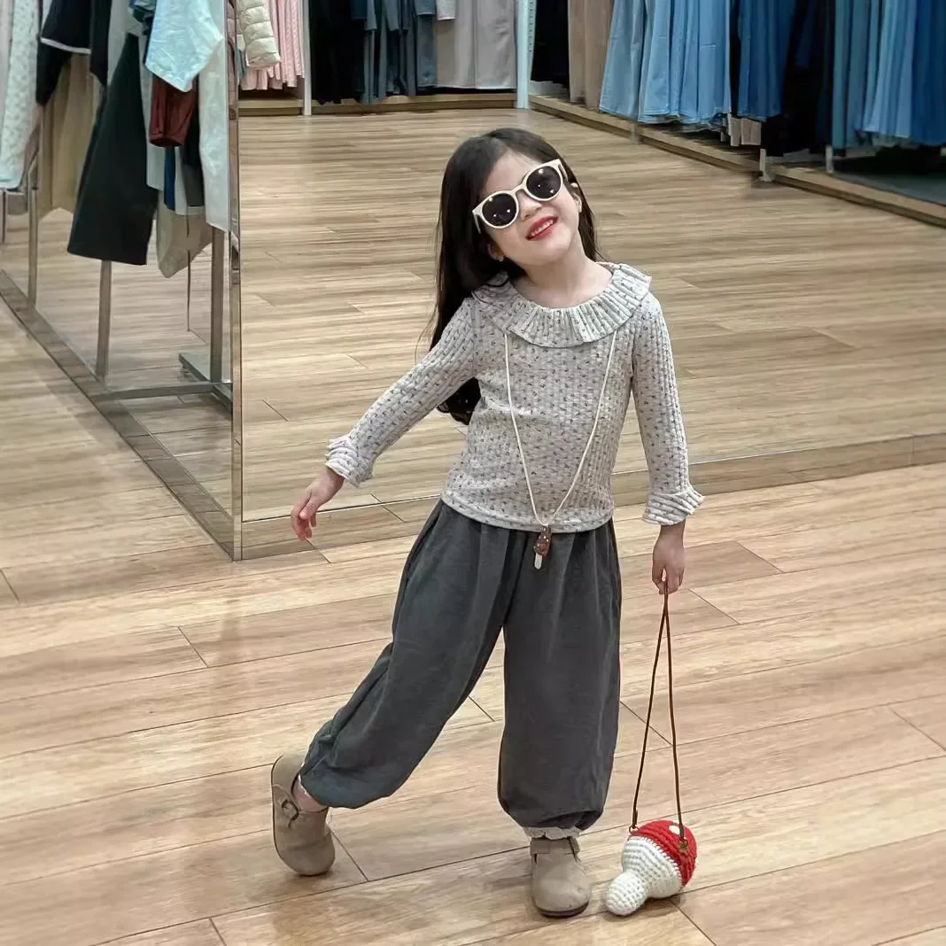 Shirt and Sweatpants Autumn Sweet Grey Collar Knitted Doll Top Leg Tied Lace Sweatpants Kids Clothes Girls