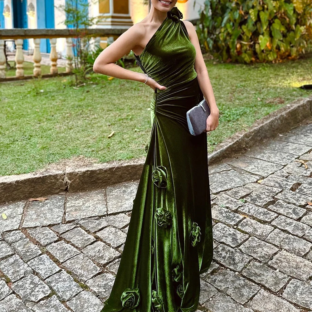 

One Shoulder Green Flower Elegant Velvet Evening Dress Straight Floor Length Sleeveless FormalPanel Train Pleat Vestido De Festa