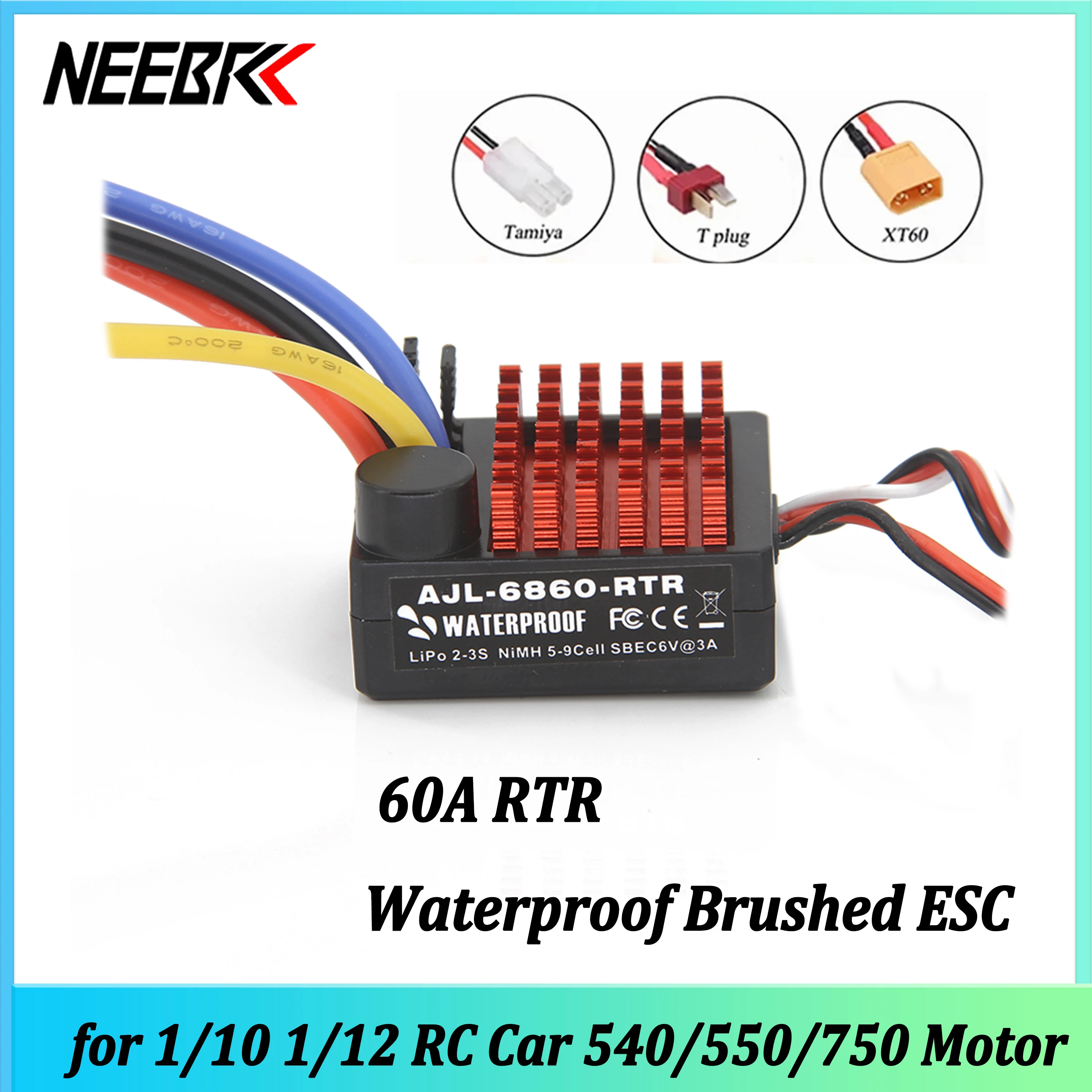ESC Impermeabile 60A con 3 Modalità Integrate, RTR T/XT60/Tamiya 6V/3A BEC 2-3S per Auto RC 1/10 1/12, Crawler, Motore 540/550/750