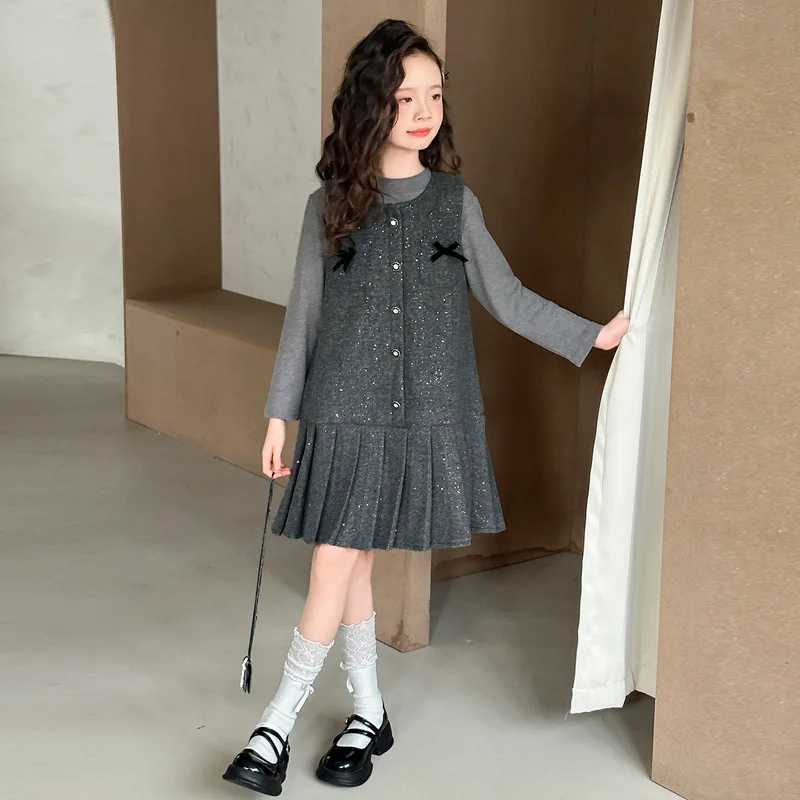 

Teenager Girls Dress Sets Autumn Kids Girls Round Neck Undershirt Children Girls Bowknot Sequins Dress 4-16Y Girls 2pcs Suits