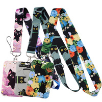 LX1293 Cartoon Black Cat Lanyard Keychain ID Credit Card Cover Pass Phone Charm Neck Straps Badge Holder Key Holder Accessories