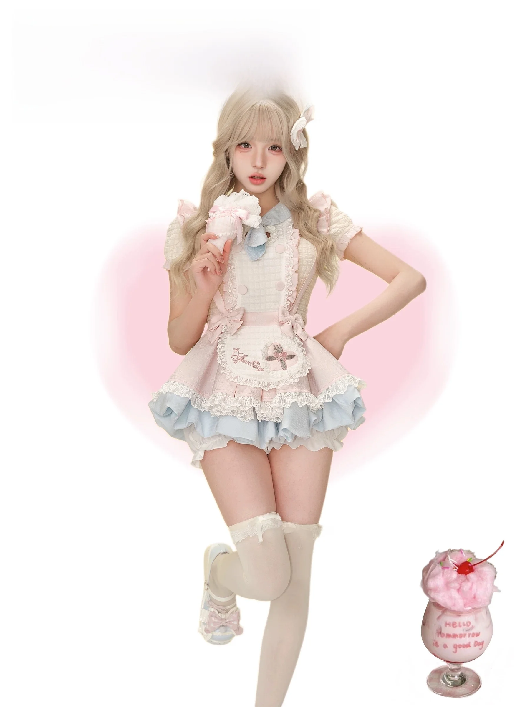 

Милый розовый комплект с бантом и воротником-стойкой, пышными рукавами, в стиле Soft Girl, из двух предметов, из полиэстера, с коротким рукавом, с отложным воротником, без застежки