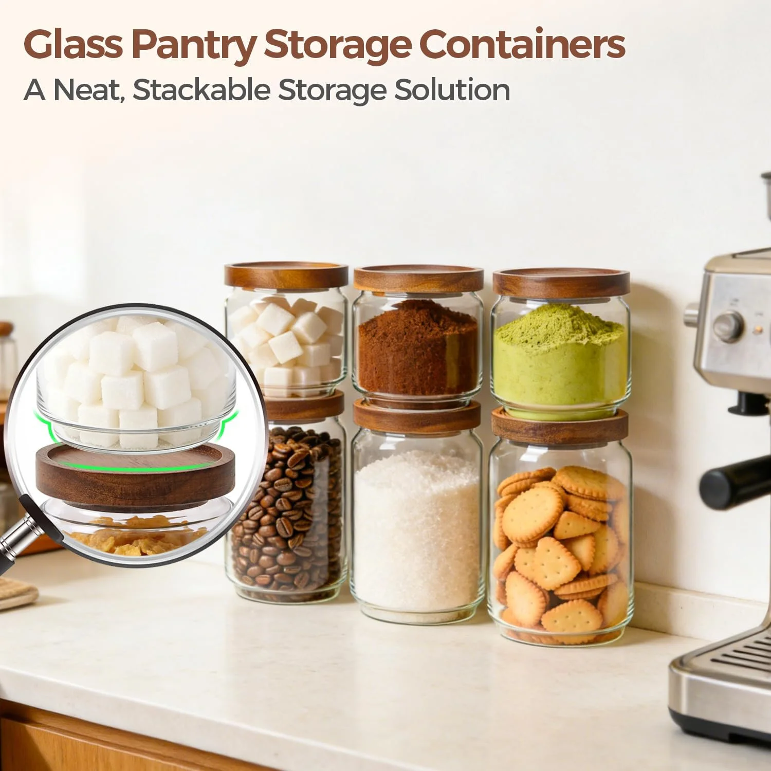 

Set of 6 Glass Pantry Jars with Acacia Wood Lids,15oz and 34oz Airtight Pantry Storage Containers Glass Kitchen Canisters