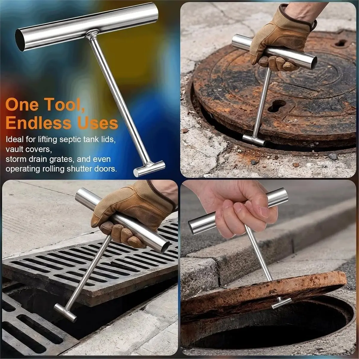 2 Piece Channel Cover Lifter Stainless Steel Manhole Hook with T-Handle, for Manhole Covers, Manhole Lids, Drain Grids