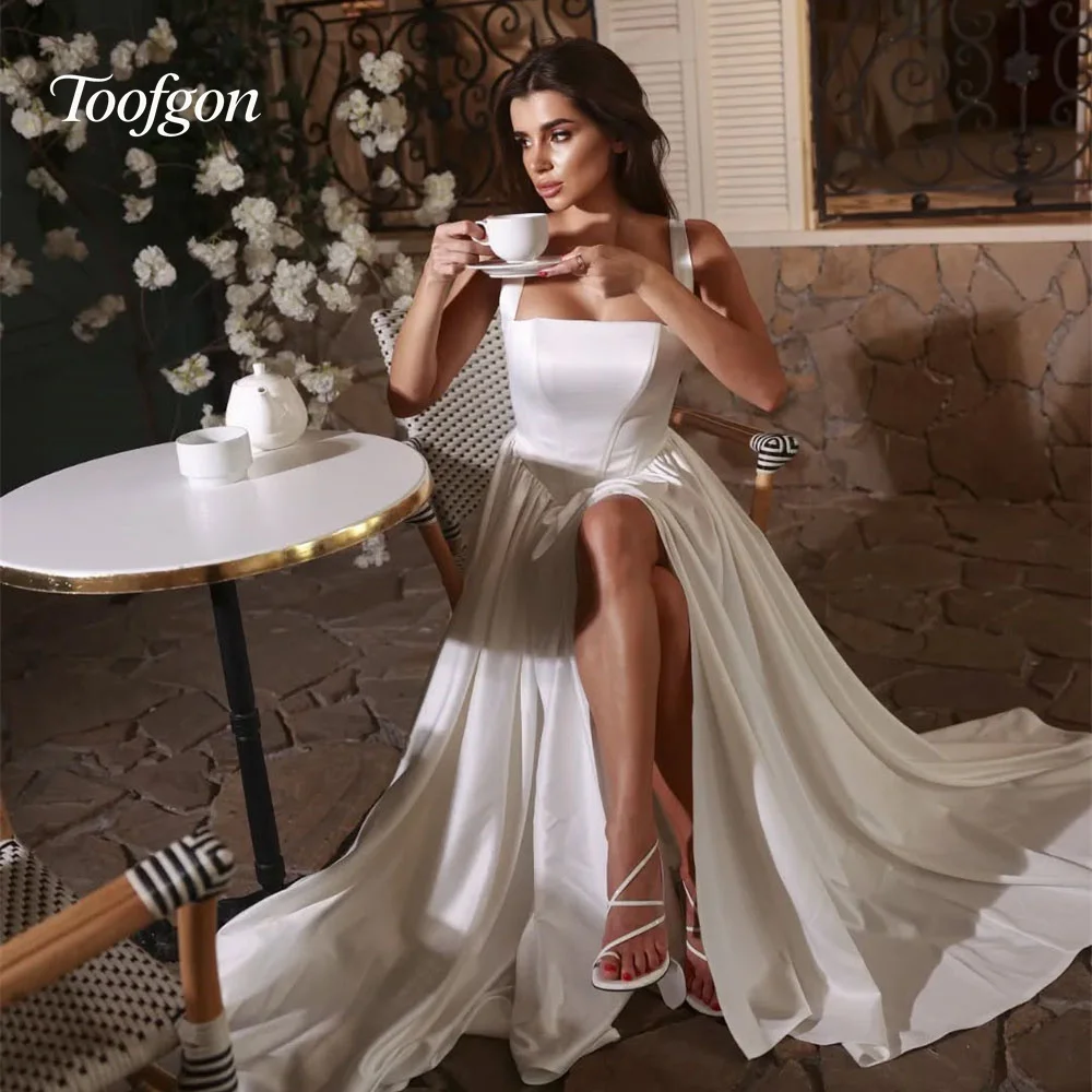 

Toofgon Square A Line Satin Wedding Dresses Princess Waistline Bride Party Gown Customized High Side Slit Long Train Bridal Gown