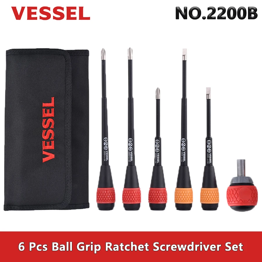 VESSEL 2200B 6Pcs Ball Grip Ratchet Screwdriver Set Suitable for Phillips and Slotted Screws Hand Tools Repair Hand Tools