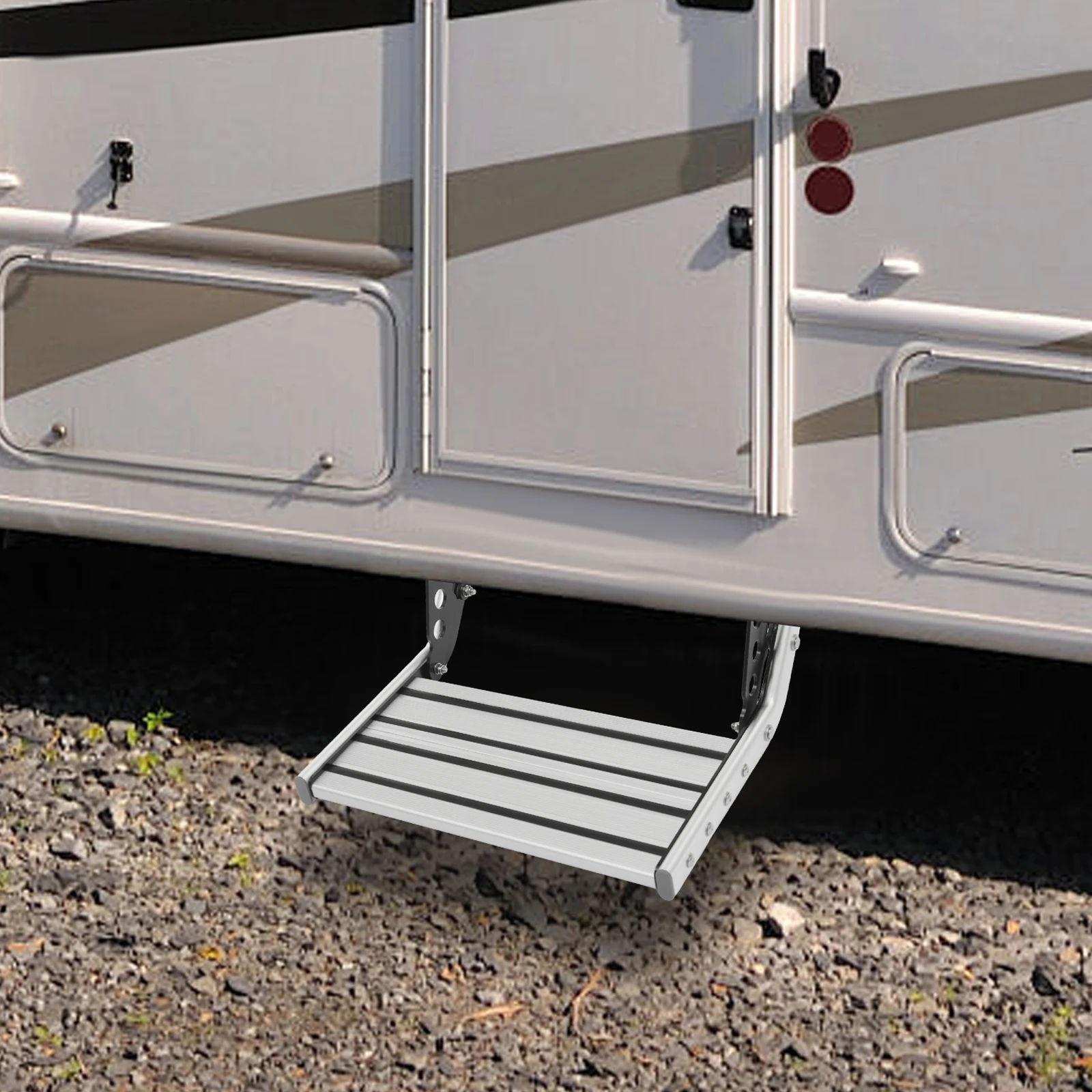 Folding RV Step Silver Aluminum Alloy 44cm RV Camper Step with 12V LED Light Manual RV Step 150kg Load Bearing Capacity