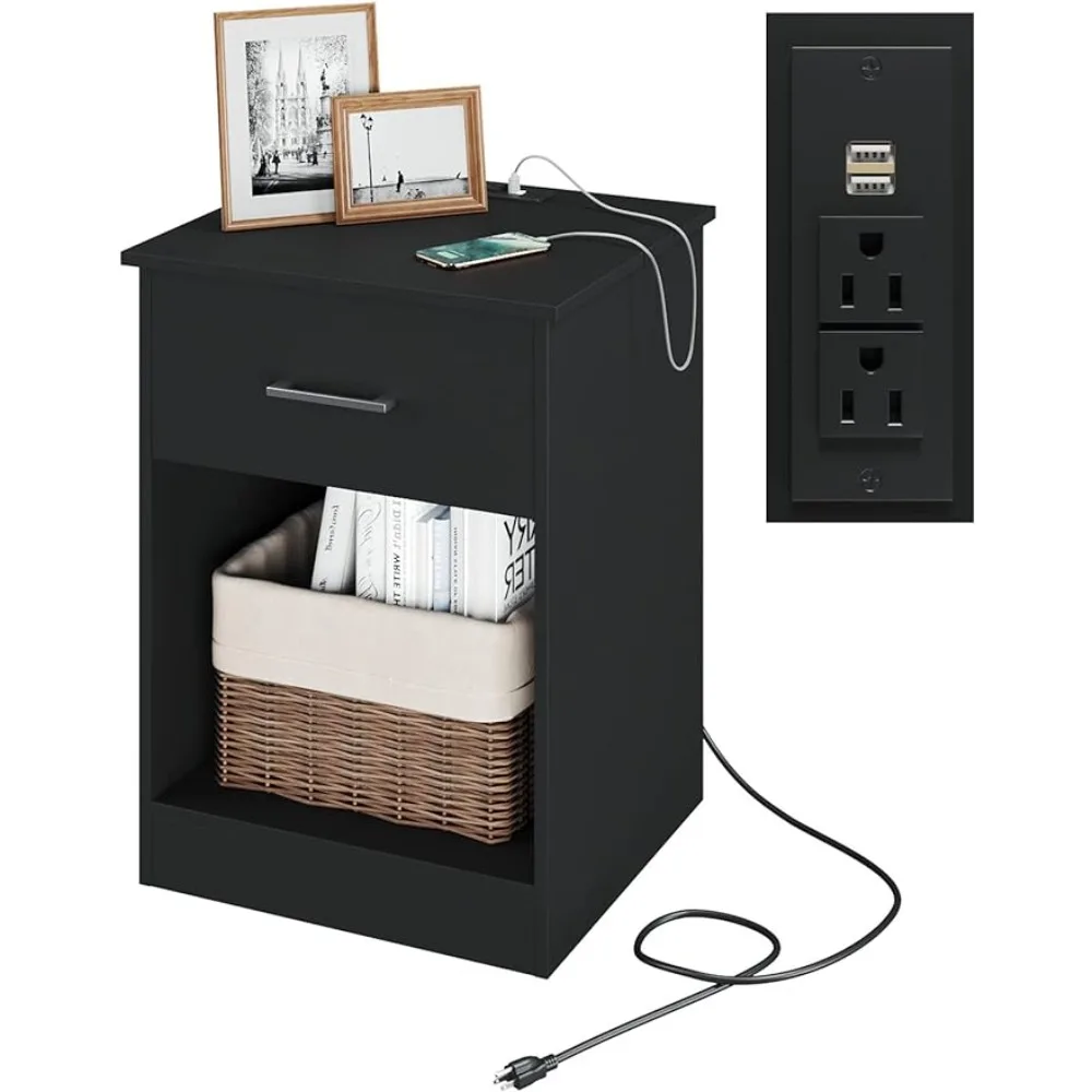 

Nightstand with Charging Station and USB Ports & Power Outlets, Wooden End Table with Drawer and Opening Shelf, Side Table