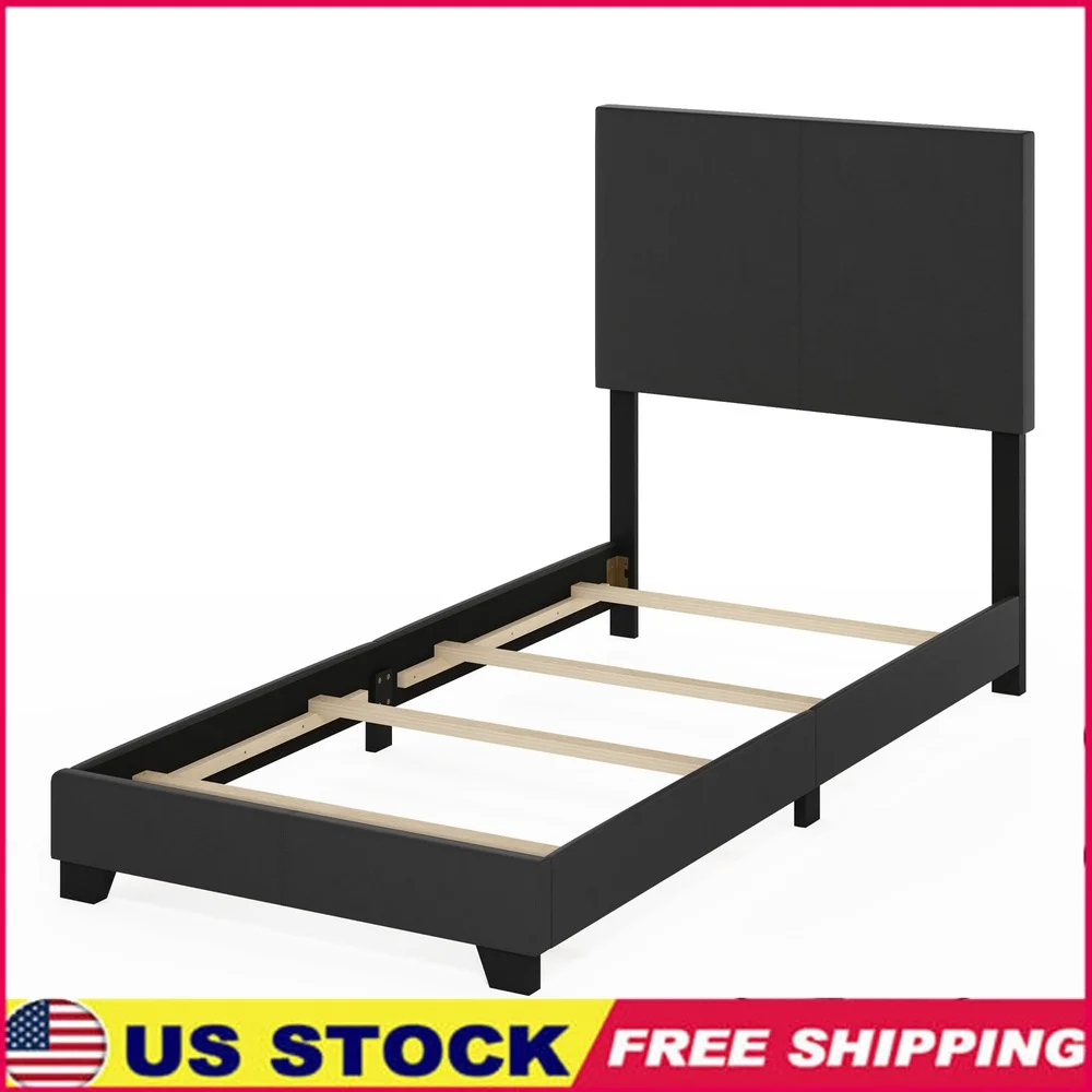 Twin XL Upholstered Bed Frame Black Leather Modern Platform Design Easy Assembly Space Saving Solution