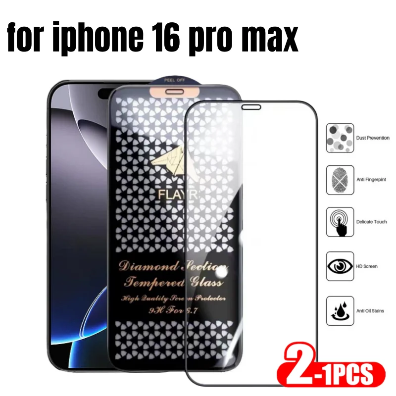 1-2PCS Tempered Glass for iPhone 16 Pro Max 15 Plus 14 3D Diamond Edge Screen Protector for iPhone16pro 15plus 14