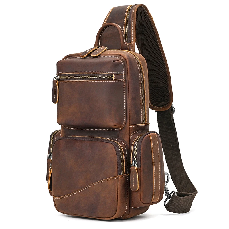 

Genuine Leather Chest Bag Crazy Horse Leather Vintage Chest Pack Single Shoulder Crossbody Backpack for Men Male Bag