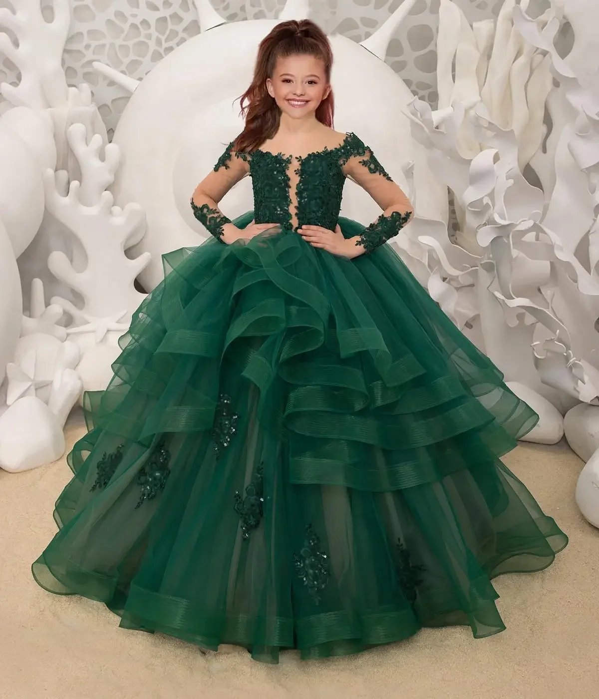 Appliques Ruffles Tulle Pageant Dresses for Girls Kids Party Ball Gowns Custom made Princess Long Sleeve Flower Girl Dresses