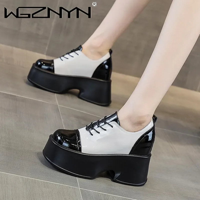 

НОВЫЙ Западный стиль из лакированной кожи в стиле пэчворк, разноцветные женские туфли-лодочки с круглым носком и толстой подошвой на платформе, на массивном каблуке, на шнуровке, в стиле панк