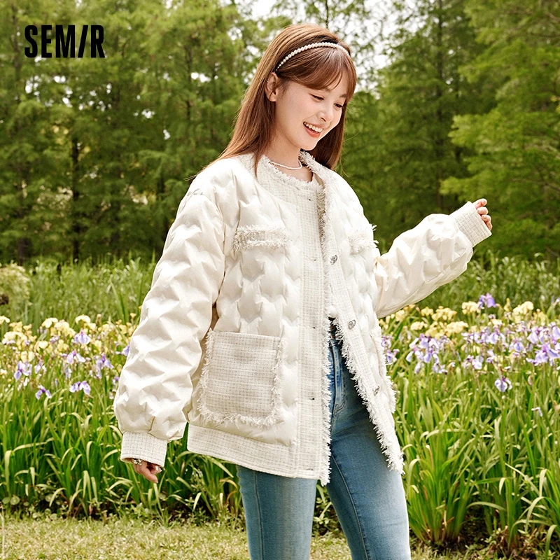 Semir Down Jacket Women Design, Temperament Trendy 2023 New Autumn Round Neck Loose Tassel Fragrance Style Down Jacket