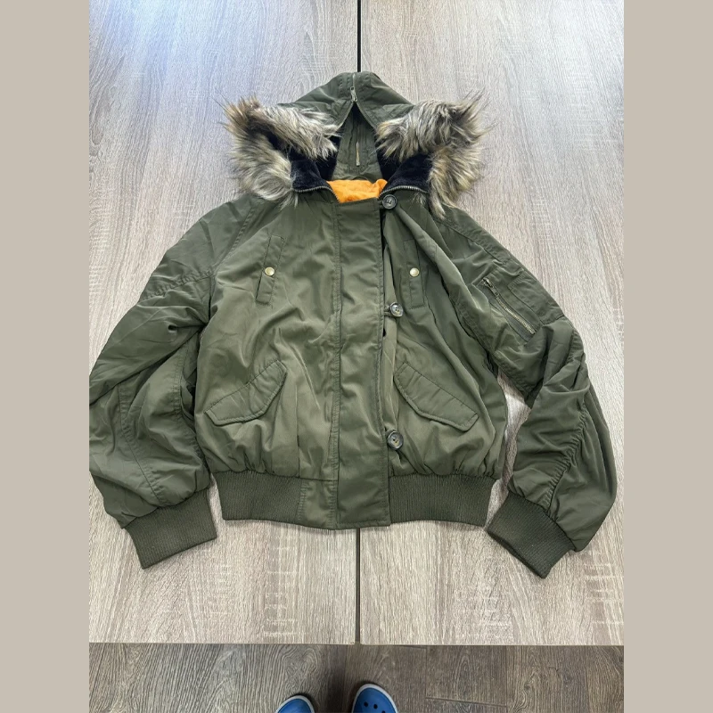 

Vintage Faux Fur Collar Hooded Jacket for Women Winter Long Sleeve Zipper Cropped Coat 2025 New Autumn Lady Warm Y2K Outwears