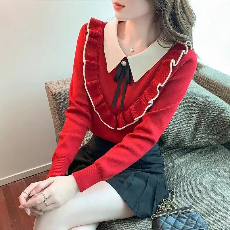 

Red Women's Knit Sweater Wear To Work Fall New Knitwear Fashion 2025 Original Basic Offers Harajuku Trend Bow Ladies Pullovers