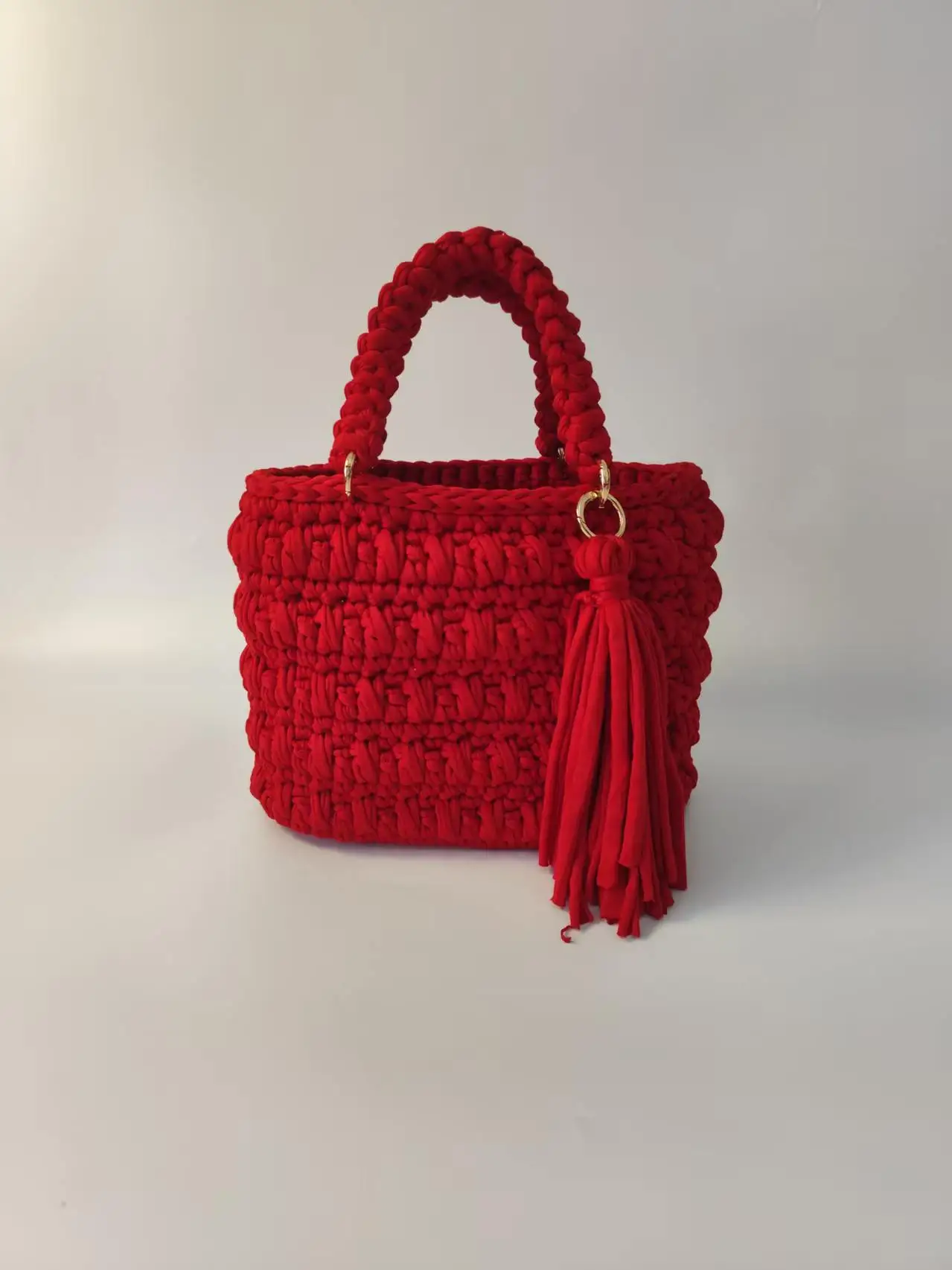 Yiwu Yingzi Handmade Fabric Yarn Crochet Bucket Bag, Multi-color Tassel Top Handle Bag, Woven Handbag for Women, Daily & Vacatio