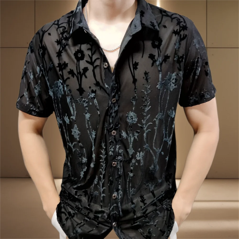 2024 New DJ Prom Shirt Short Sleeve See Through Lace Shirt Chemise Homme Men Club Party Transparent Flower Velvet Shirt Men