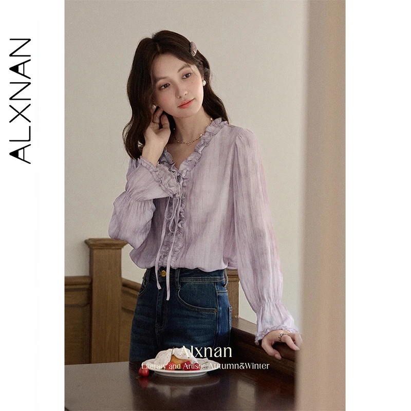 

ALXNAN женская фиолетовая рубашка, элегантная повседневная офисная женская блузка с v-образным вырезом, осень 2021, топы с длинными рукавами, женская шифоновая рубашка L569129