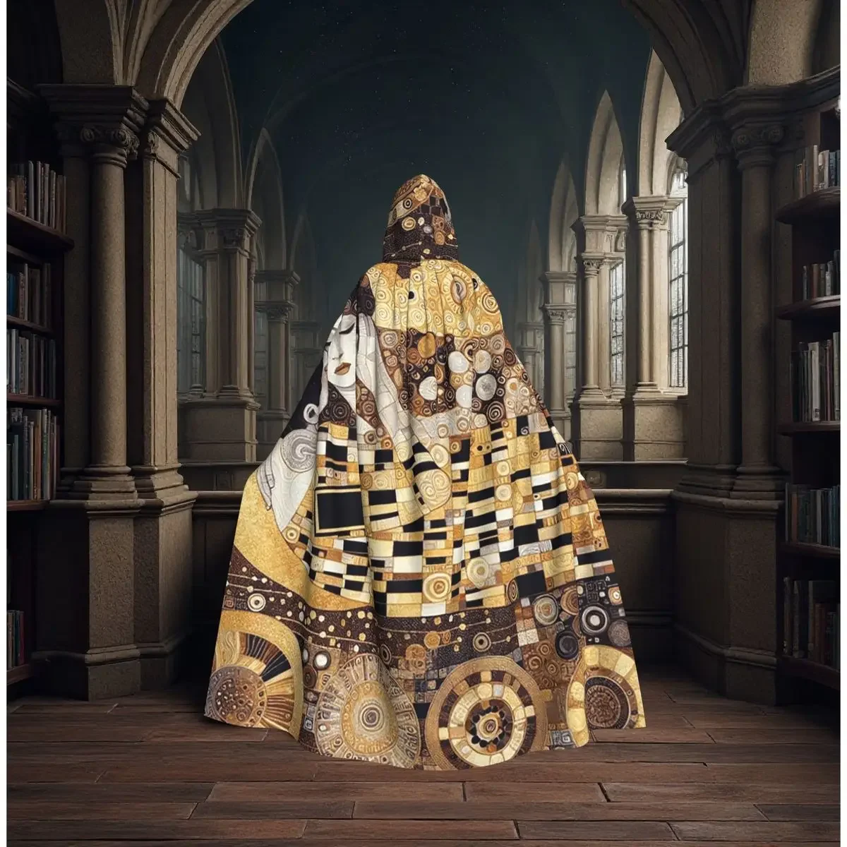 Customization Gustav Klimt The Kiss Abstract Freyas Art Long Hooded Cloak Witch Medieval Costume Cosplay Cape HalloweenCoat Adul