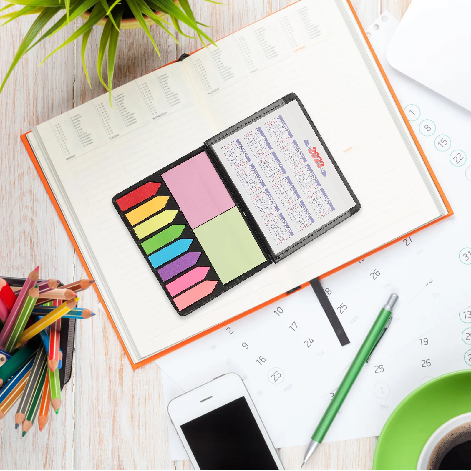 

1Set with PU Box Multifunctional Self-Stick Notes for Lists Time Memo Page Marker Bookmarks Post Memo Container