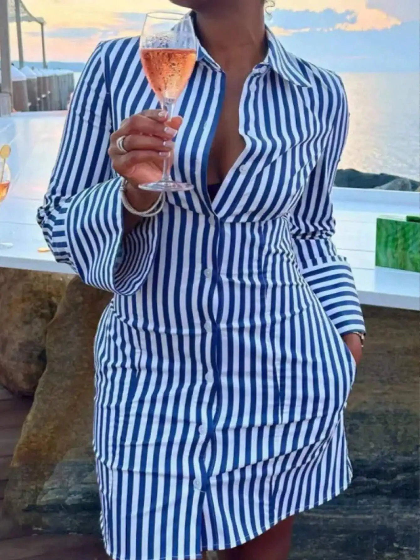 

Women's Striped Long Sleeve Button Front Shirt Dress Casual Beach Style