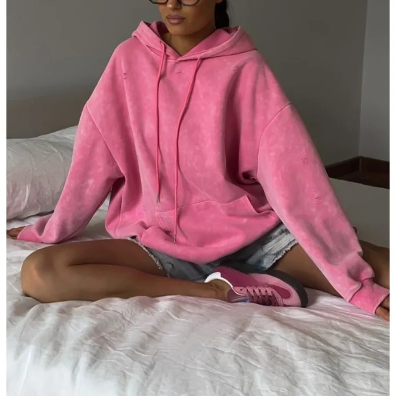 

Wear Washed and Old Pure Cotton Hooded Sweater Women Wear Solid Color Top in Autumn and Winter