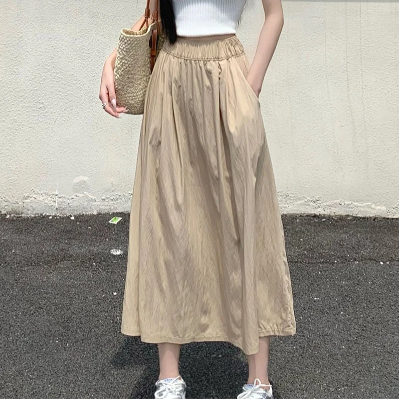 Vintage Folds Women Long Skirts Summer Thin Elastic High Waist Pockets Pleated Skirt 2025 Casual All-Match A-Line Solid Skirts