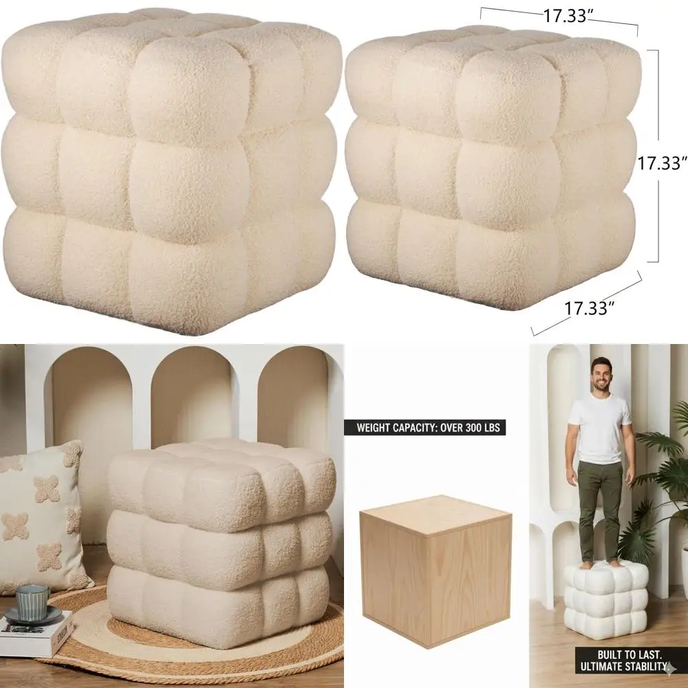 

Современный пуф из шерпы, 17 x 3, деревянная рама, опоры 330 фунтов, нечеткая подставка для ног, кубический букле, табурет для гостиной, персиковый