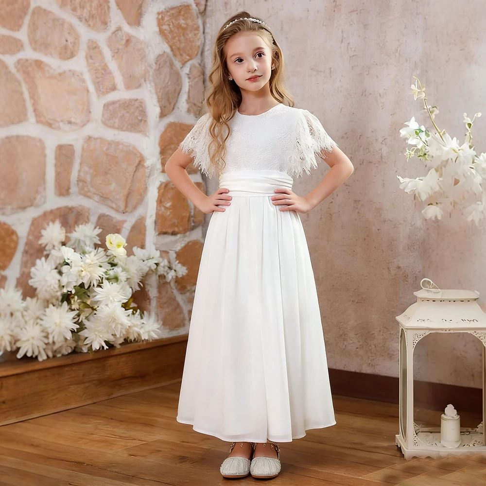 

Girls Lace Flower Girl Dress Elegant Backless Short Sleeve Chiffon Gown for Wedding First Communion Party Bridesmaid Birthday
