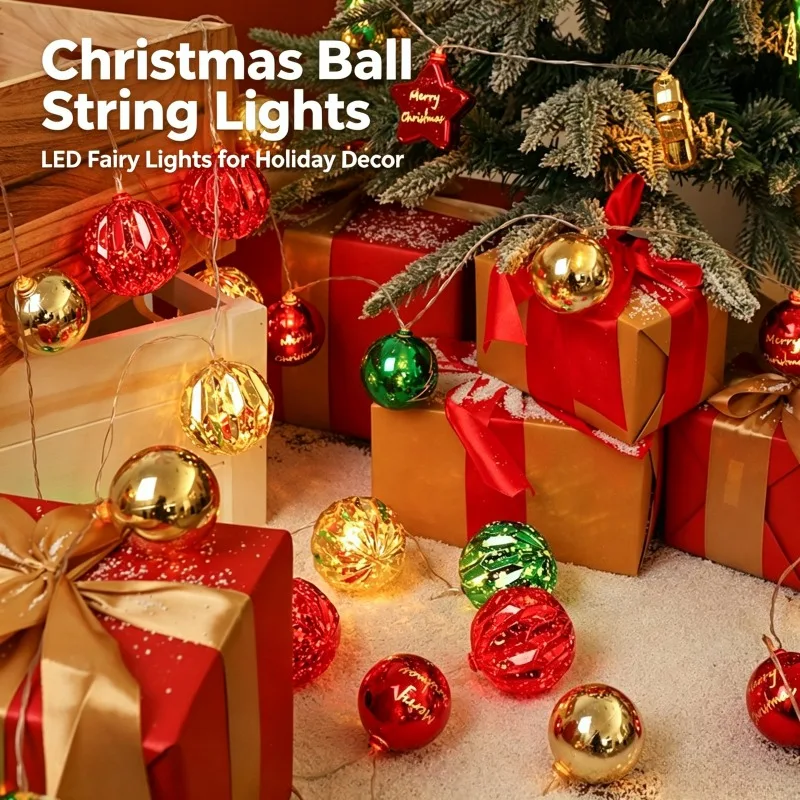 Red Green Gold Ball LED String Lights Metallic Christmas Ornament Garland for Indoor Tree Window Gift Display Holiday Decor