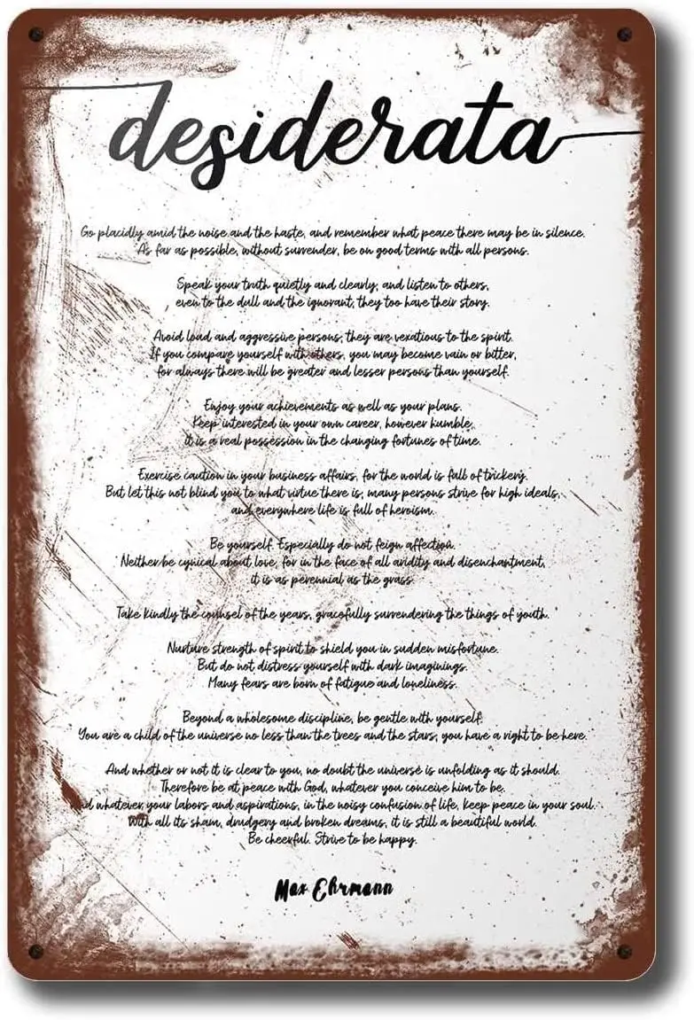 Letrero Metálico Vintage; con Impresión del Poema 'Desiderata' en Fuente Script de Max Ehrmann, Letrero de Aluminio sobre el Tema de los Regalos