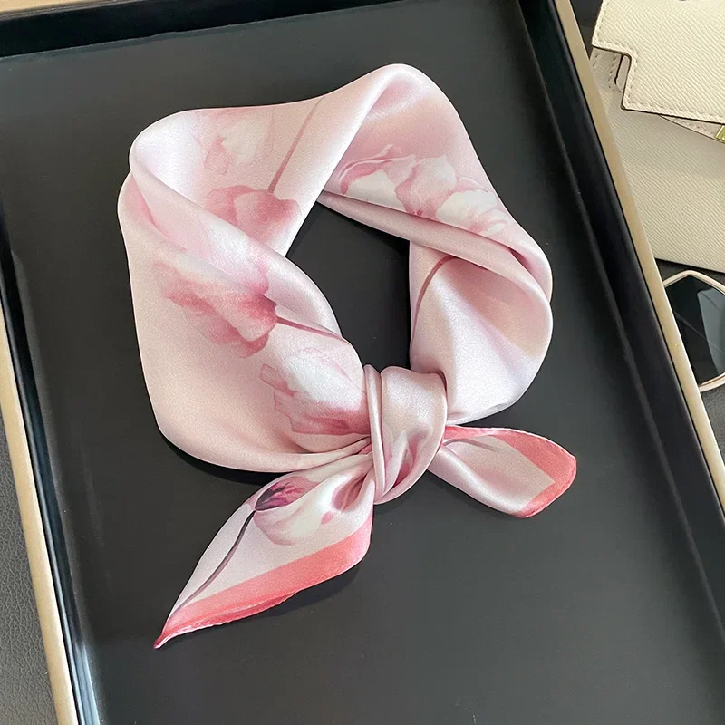 2023 100% Real Silk Square Scarf Women Print Natural Headkerchief Ladies Hair Hand Wrist Foulard Spring Bandana Echarpe