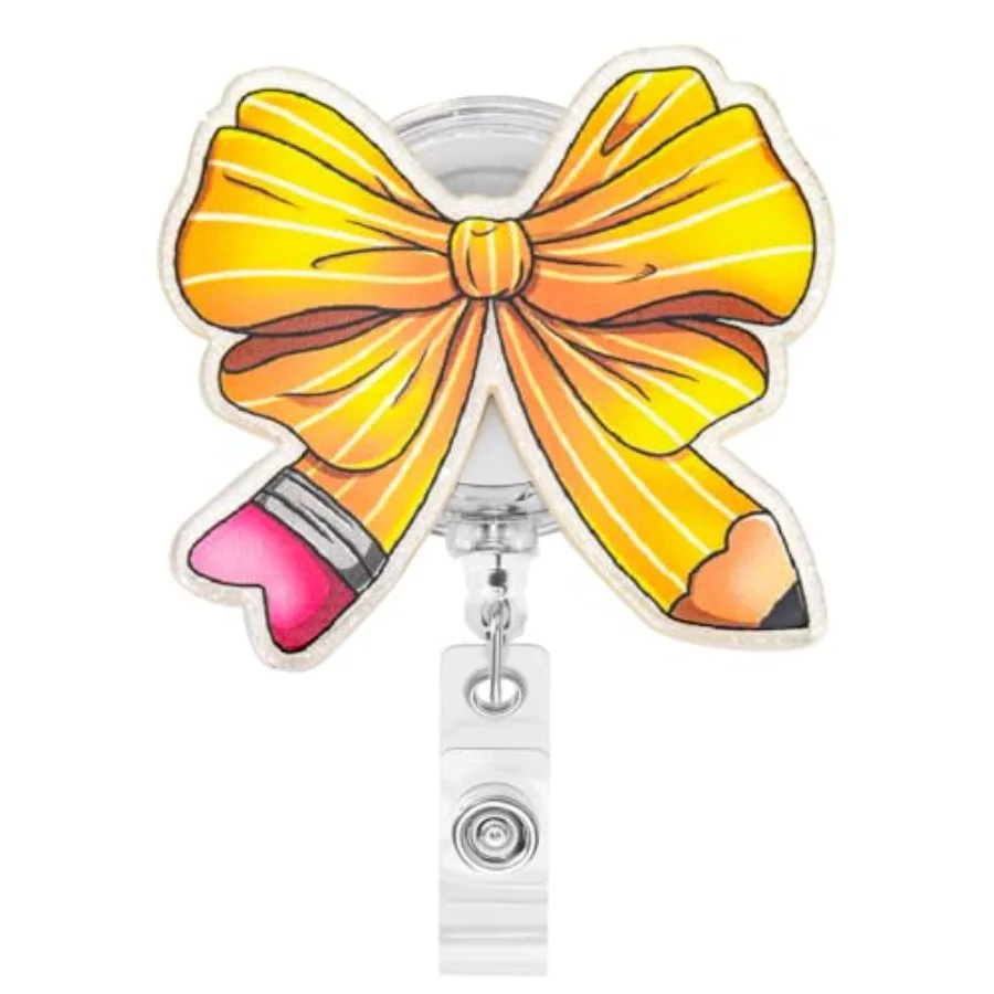 Yellow cil Bow Teacher Retractable Clip Badge Reel Teacher Graduation Thank You Badge Reel Gifts for Women Her, Work Office Acc