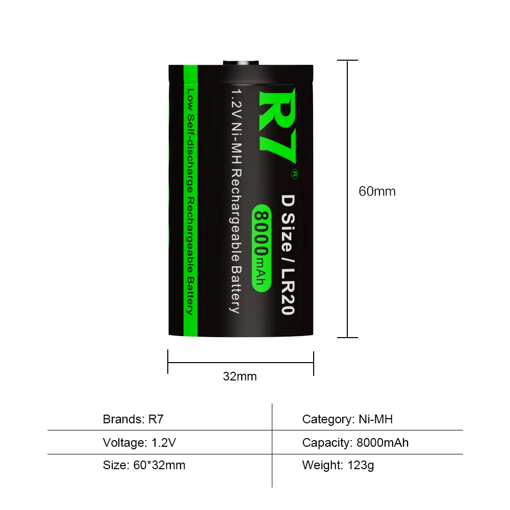 R7 D size rechargeable battery 8000mAh Type D battery R20 1.2V NI-MH rechargeable D batteries LR20 battery + LCD Charger