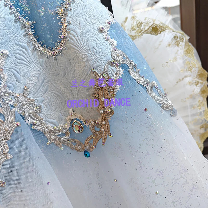 Women white blue gradient V-neck tulle flutter sleeve corset tutu ballet costume gilded scroll colorful gem rhinestone embroider