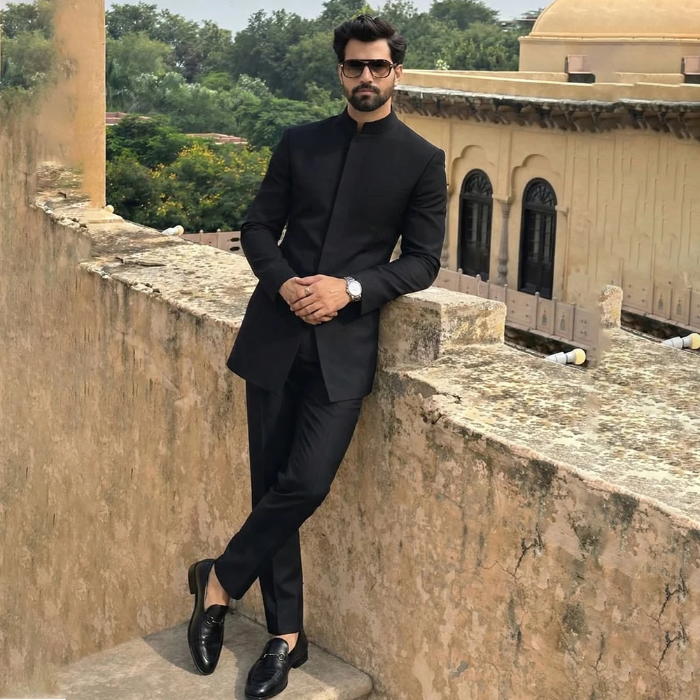 Elegant Black Hidden Button Men's Suits Formal Stand Lapel Slim Fit Regular Length Bespoke 2 Piece Jacket Pants Full Sets 2026