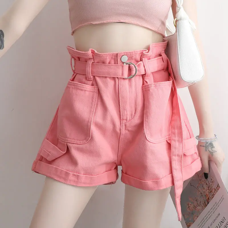 Korea Women's Denim Summer 2024 New Solid Color Loose High Waist Button Spliced Pocket Bandage Sweet All-match Fashion Shorts