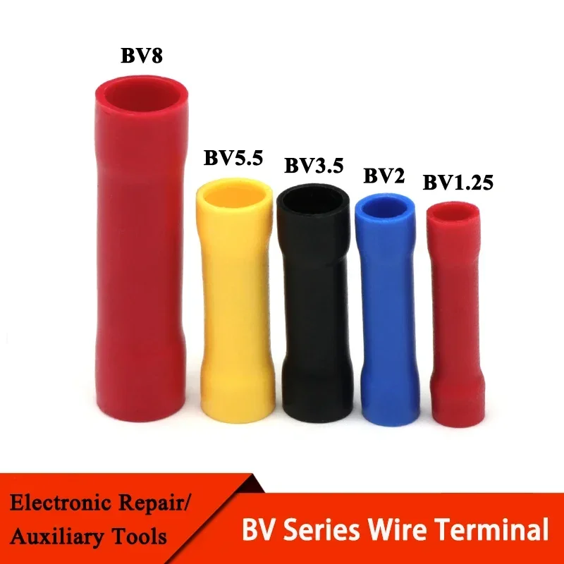 10~100Pcs BV1.25 BV2 BV3.5 BV5.5 BV8 Straight Butt Wire Terminal Splice Crimp PVC Insulated Copper Tube Cold Press Cable Connect