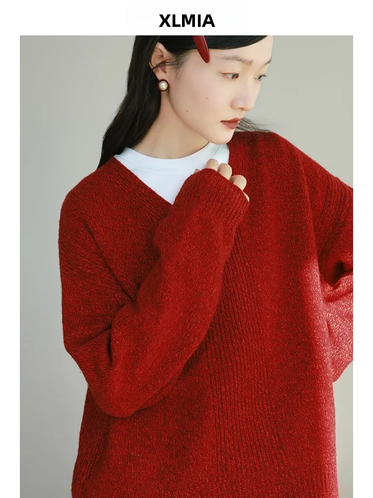 

Red Wool V-ne Sweater Aosphere New Year CERFMIA Deer Series Knitted Loose Fit Long Sve Crew Ne Pure Color Winter