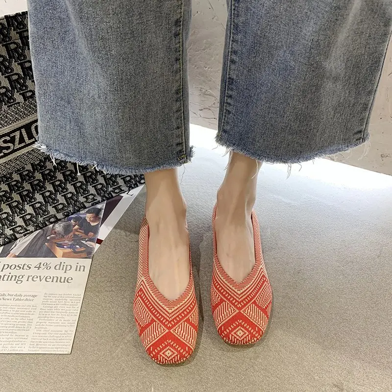 2024 Plus Size Spring New Ballet Flats Women Square Toe Knit Fabric Loafers Breathable Flat Heel Drive Shoes Driving Sneaker