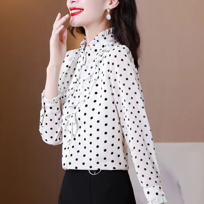 #2545 Polka Dot Printed Chiffon Shirt Women Ruffles Collar Office Shirt Long Sleeve Slim Spliced Ruffles Ladies Tops And Blouses