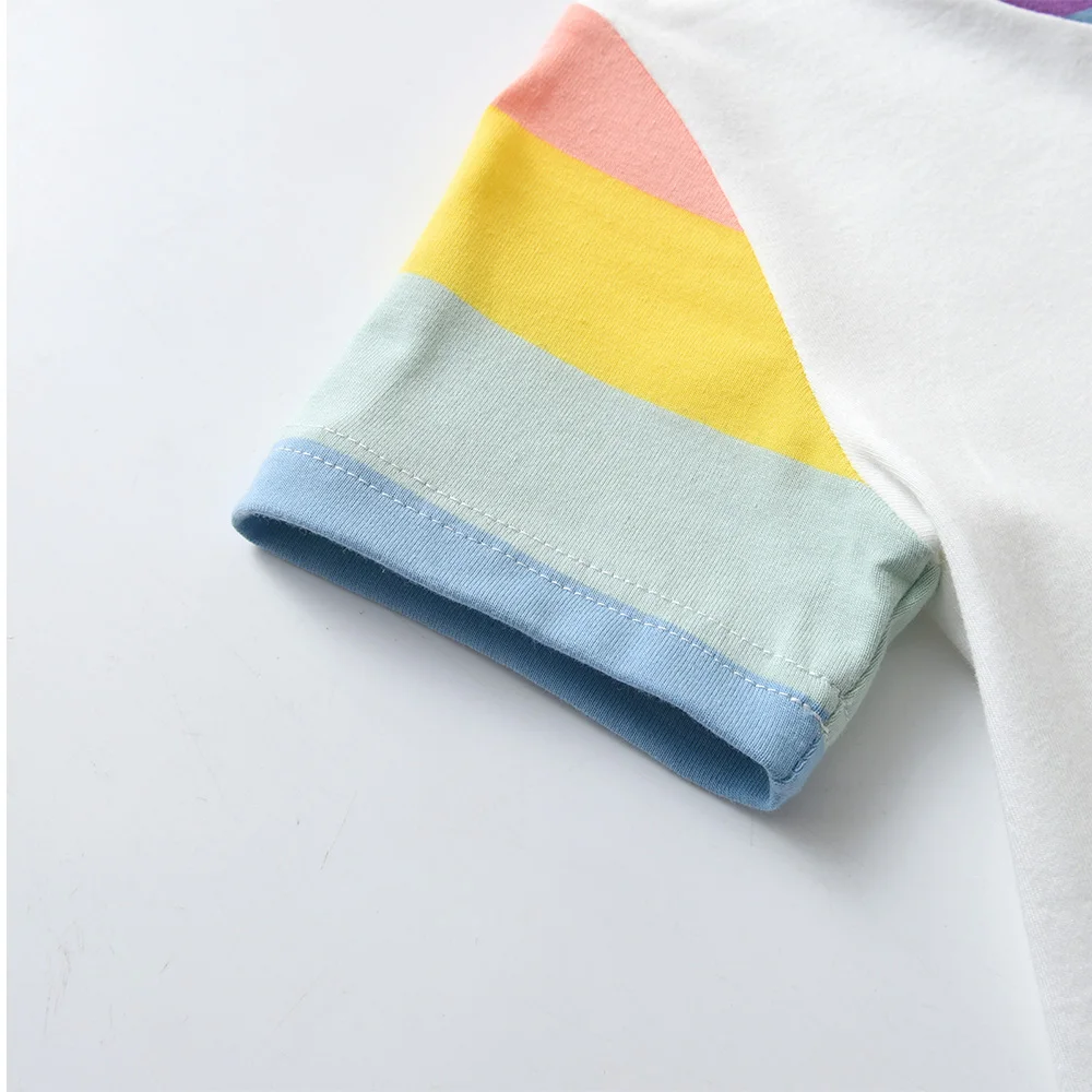 VIKITA Mädchen Einhorn Stern Appliziertes Kapuzenkleid Kinder Kurzarm Sommer Baumwolle Lässig Gestreiftes Buntes Gerades Rüschenkleid – Detail 6