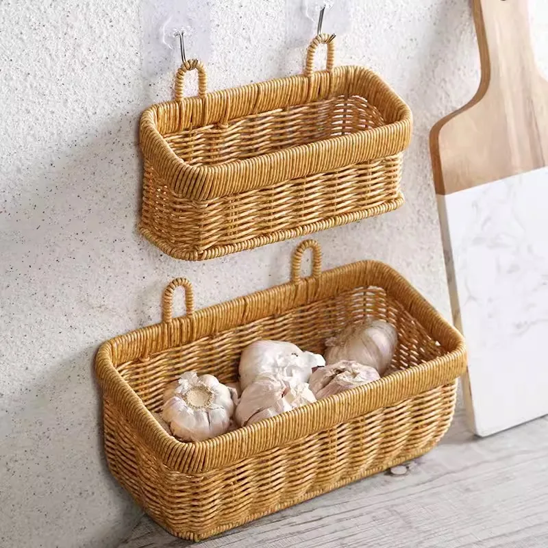 

Kitchen Storage Basket Hand-woven Garlic Hanging Fruit Vegetable Sundries Flower Basket Wall Hanging Handle Organizer Home Decor