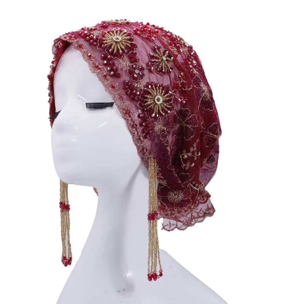 

Shiny Beads Turban Hat Long Tassel Flower Embroidery Fishtail Cap Lightweight Scalloped Edge Beaded Bonnet Travel Vacation