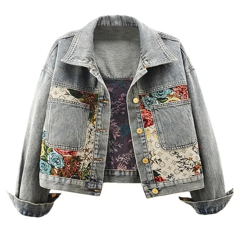 

Fashion temperament denim jacket women's autumn and winter new short Joker print splicing long sleeve lapel short jacket